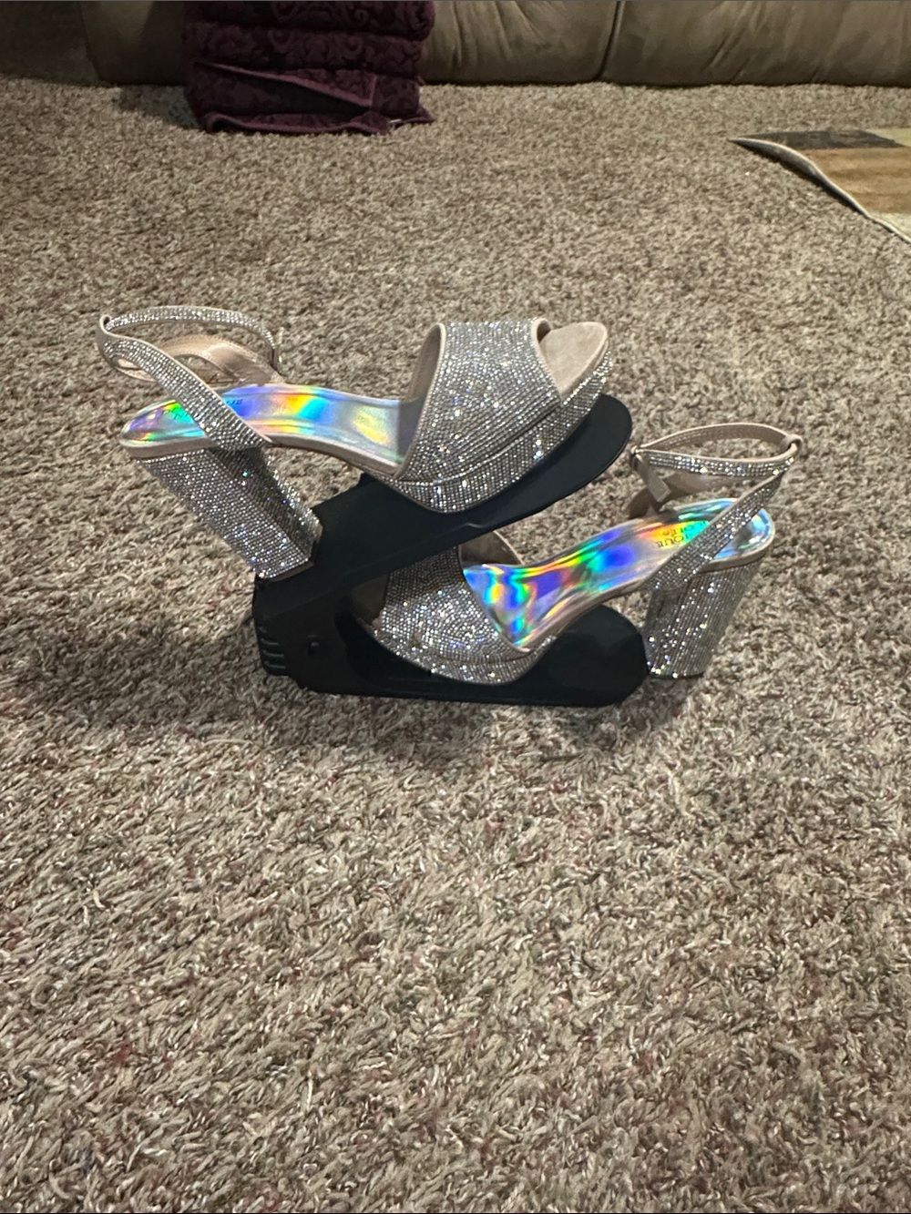 Rhinestone Embellished Silver Block Heel Sandals - Women's